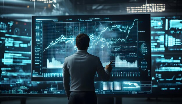 Man Analyzing Data on Large Computer Screens