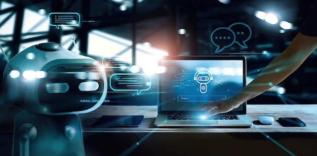 Man connected of data AI Chatbot on network AI Artificial Intelligence communicate and interact with provide smart data Science innovative and futuristic technology for business