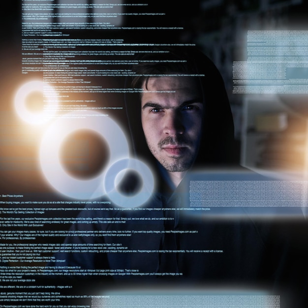 man dark and data overlay with hacker criminal programmer and information or code for security threat encryption cyberattack and analysis for override malware algorithm and night with it skills