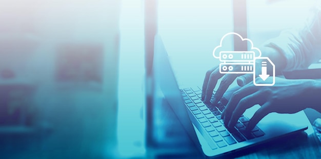 man downloading computer files or installing softwarecloud storage technology data backup cyber securit