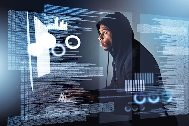 Man hacker and typing on computer for crime data breach and cyber attack overlay Keyboard hacking and African person writing or coding malware virus and ransomware for stealing ai trade secret