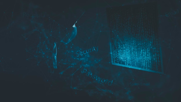 Man Hacker is using a hand typing keyboard and Screen code of a media screen on the White backgroundTechnology Process System Business and hacks online concept Copy space