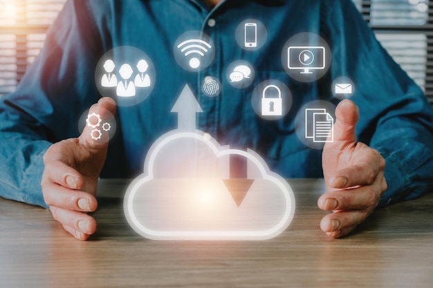 Man hand holding cloud computing concept Cloud computing concept Backup Storage Data Internet networking and digital Share global technology concept