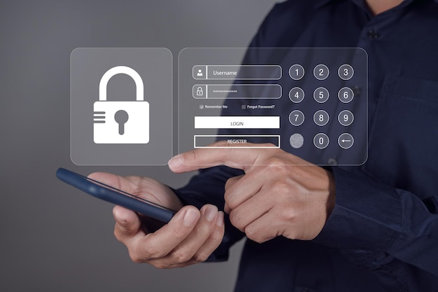 man hand press smartphone with scan the protection system cyber security scanning allows access input username and password for or technology security system and prevent hacker concept