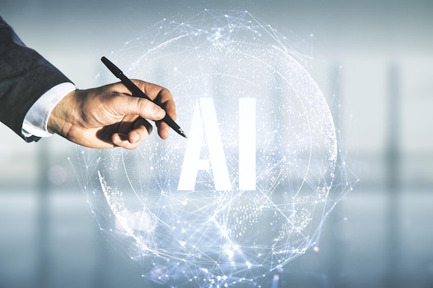 man hand with pen working with creative artificial intelligence symbol hologram on blurred office background double exposure