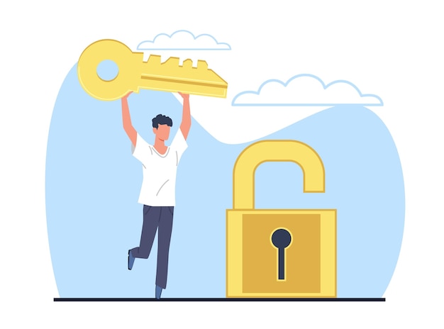 man holds golden key to open lock concept of opening turnkey business achieving goal finding successful strategy businessman or entrepreneur startup cartoon flat isolated vector illustration