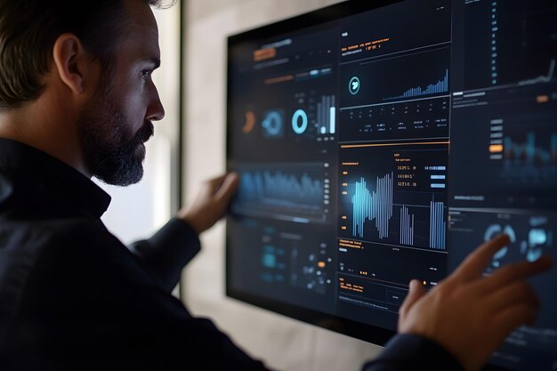 Man Interacting with Data on a Large Display