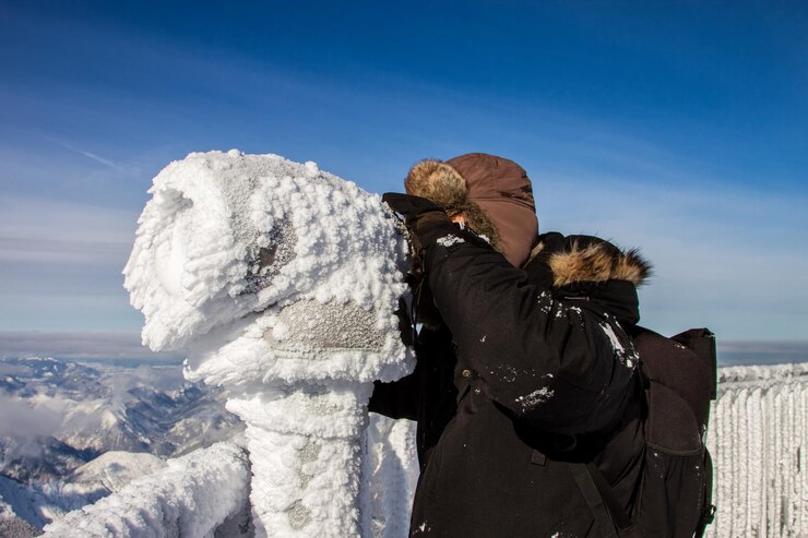 Photo man looking through snow covered binoculars
