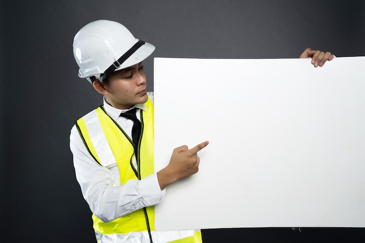 Photo man pointing while holding blank billboard against black background