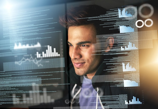 man programmer and hologram for digital transformation of of stock market growth and firewall update database overlay and dashboard with computer charts and programming for company cyber security