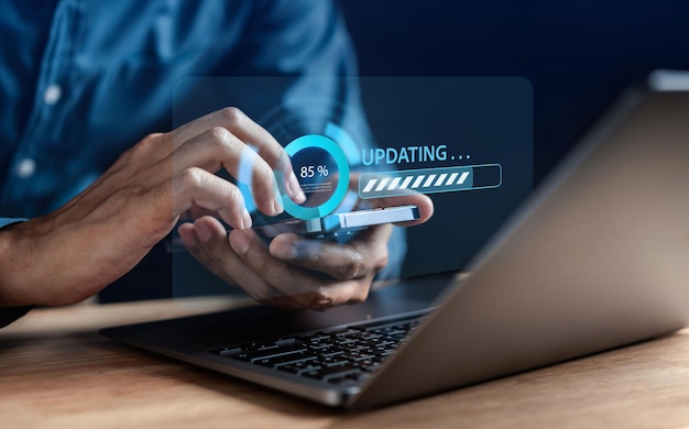 Man programmer Update software system with loading information Upgrade version system Business technology internet with installing the update for the quality better