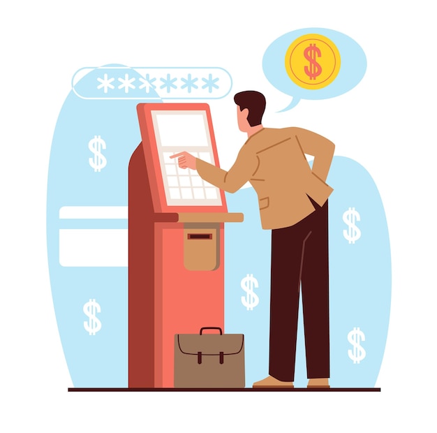 Man takes money from an ATM or bank terminal Banking finance transfer automated machine electronic cashpoint Bank customer Financial transactions cartoon flat style vector concept