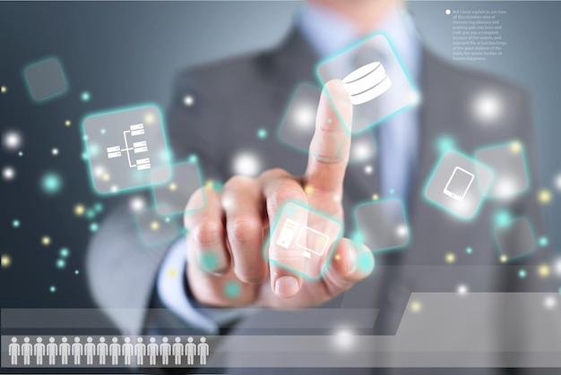 man touching business elements icons on screen