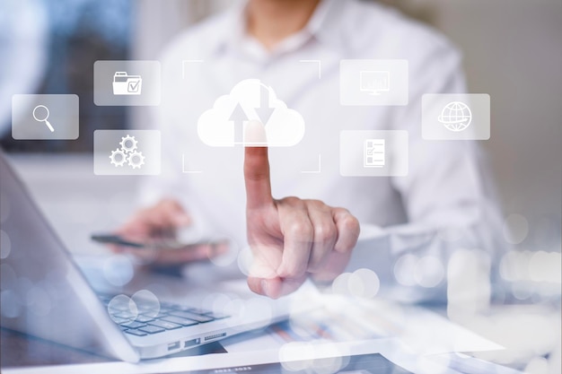Man touching connect to data information on the Cloud Computing Technology Internet Storage Network Concept And a large database big data Through internet technology Cloud sharing download and upload