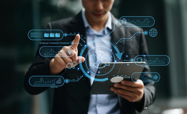 Man using chat bot in smartphone intelligence Ai Chat with AI Artificial Intelligence developed by OpenAI generate robot in online system in office