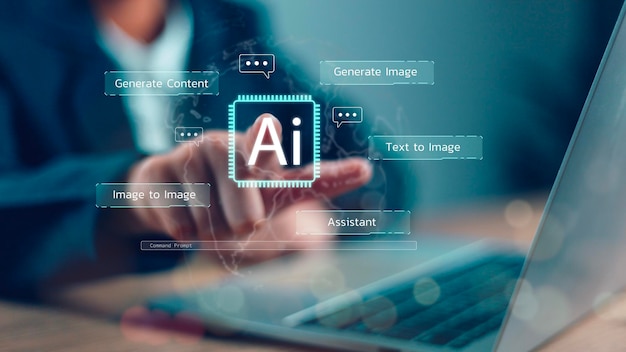 Man using hand AI Artificial Intelligence to generate content Text to image smart AI by entering command prompt for generates something Futuristic technology Business transformation