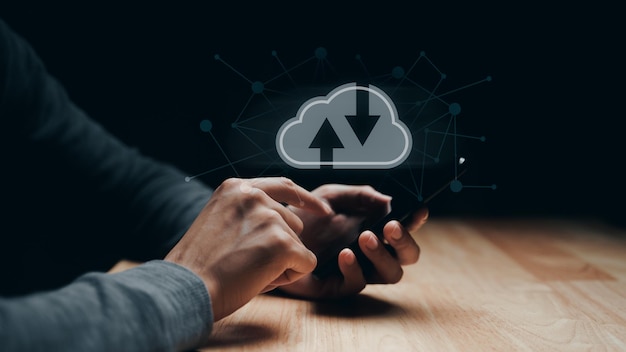 Man using smartphone with virtual cloud computing with connection line Cloud computing system
