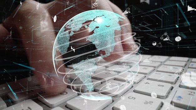Man working on computer with graphic of business data analytic modernization