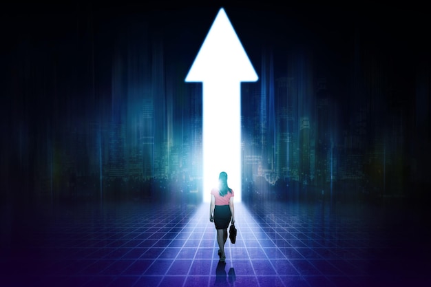 manager walking toward door shaped upward arrow