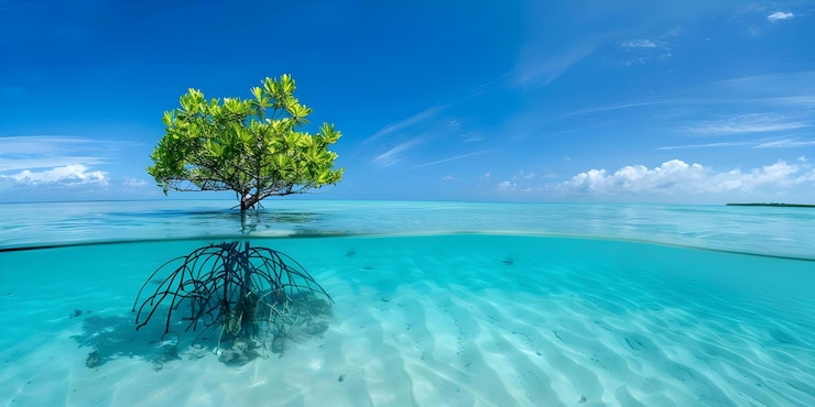 Photo mangrove tree underwater staniel cay exuma bahamas with blue sky concept underwater photography mangrove tree staniel cay exuma bahamas blue sky