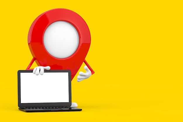 Map Pointer Pin Character Mascot with Modern Laptop Computer Notebook and Blank Screen for Your Design on a yellow background. 3d Rendering