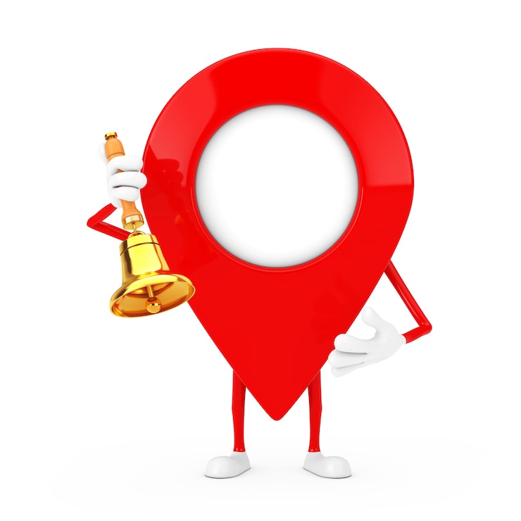 Photo map pointer pin character mascot with vintage golden school bell on a white background. 3d rendering