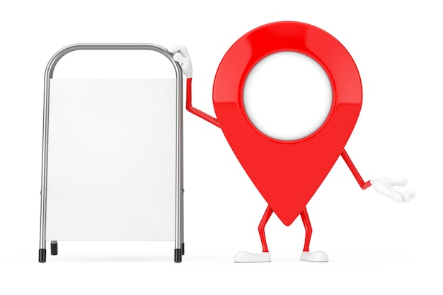Map Pointer Pin Character Mascot with White Blank Advertising Promotion Stand on a white background. 3d Rendering