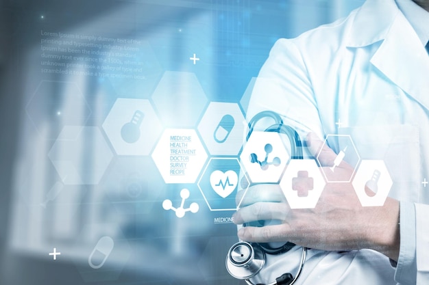 medical technology or medical network. doctor using digital tablet with screen interface.