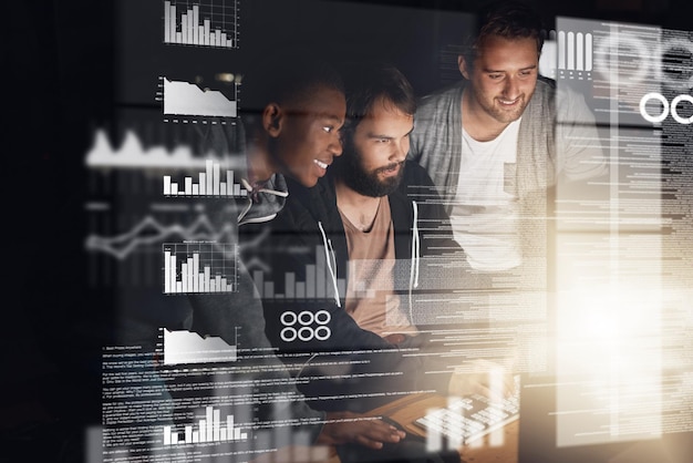 Men web design and teamwork for collaboration coding and fintech app development with overlay at night Software team programmers and hologram with graph script and analytics for financial review