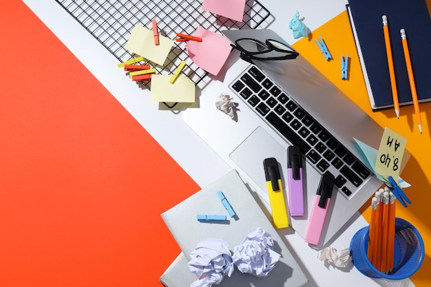 Messy office workplace, workplace and workspace concept