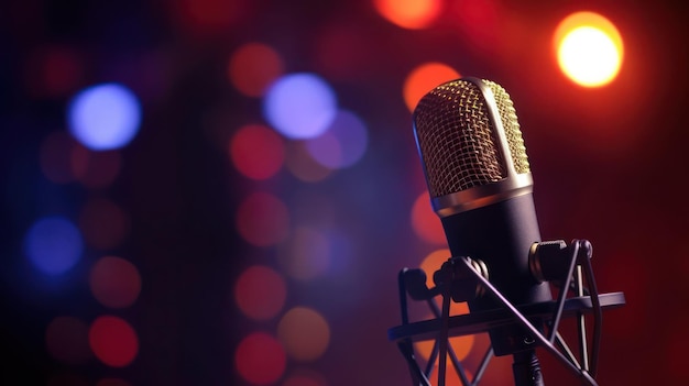 Micrô Podcast Studio trên Nền Neon Mờ