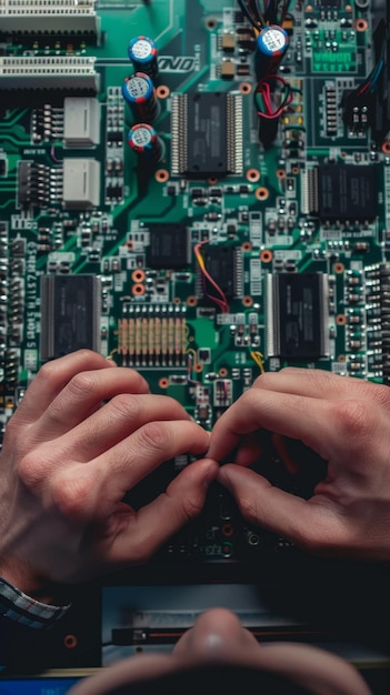 Microchip manual connecting to microcontroller Top view on engeneer hands working with microcontroll