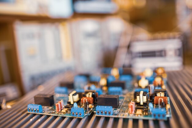 Microcircuits and components lie on metal plates