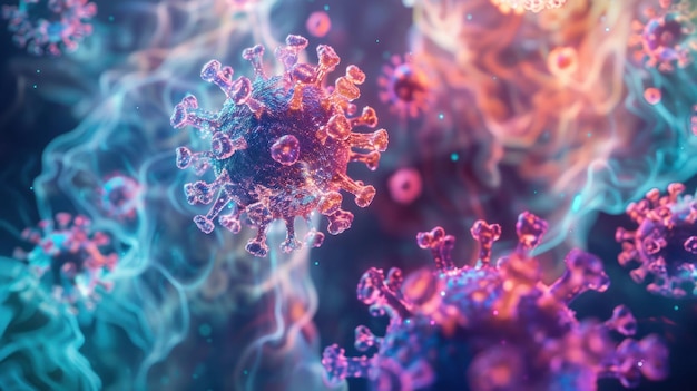 Microscopic view of a virus with colorful vibrant structures showcasing detailed particles and molecular biology concepts
