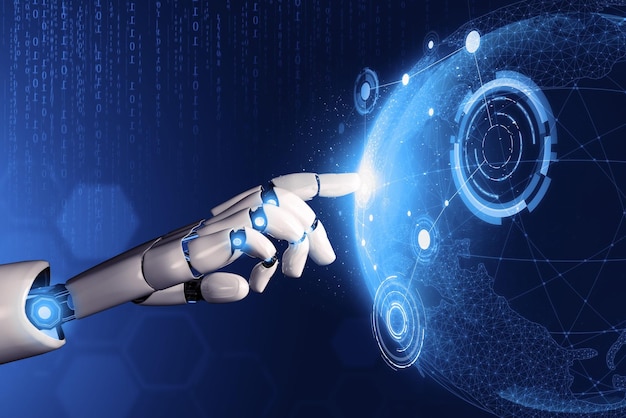 Minh họa 3D về khái niệm trí tuệ nhân tạo robot tương lai