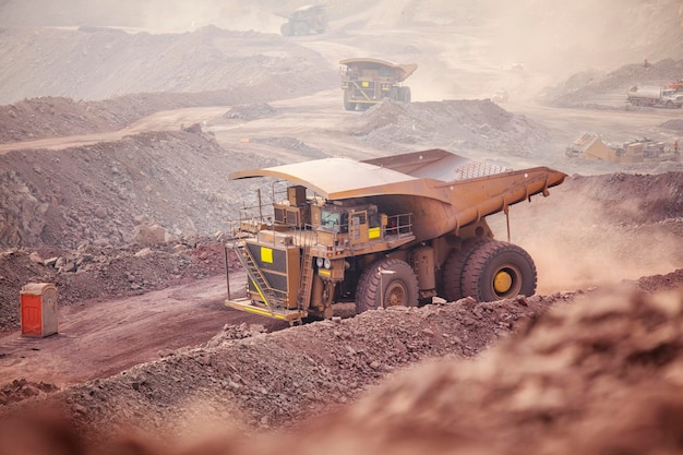 Mining activity mining dump truck high angle view of truck working on field