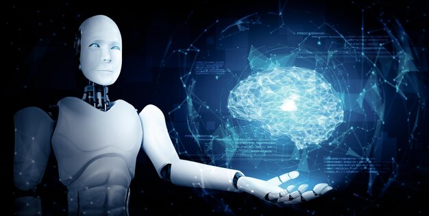 Mlb ai humanoid robot holding virtual hologram screen showing concept of ai brain