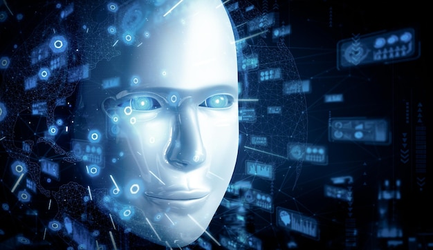 mlb robot humanoid face close up with graphic concept of big data analytic