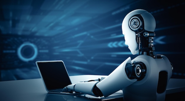 mlb robot humanoid use laptop and sit at table in future office