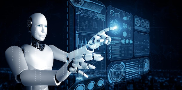 Mlp ai humanoid robot touching virtual hologram screen showing concept of big data