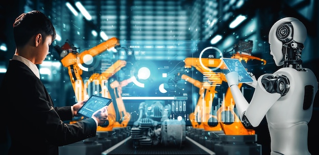 Mlp mechanized industry robot and human worker working together in future factory