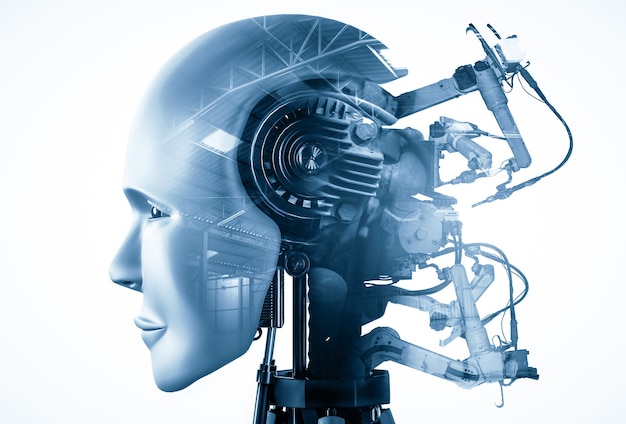 mlp mechanized industry robot and robotic arms double exposure image