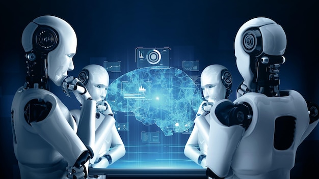 mlp thinking ai hominoid robot analyzing hologram screen showing concept of ai