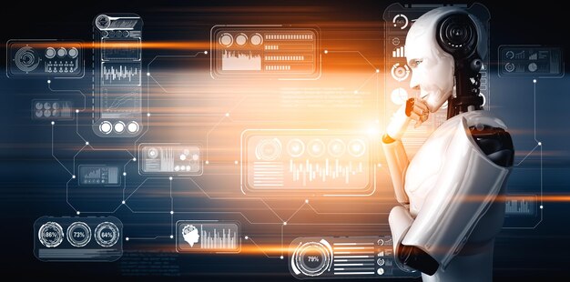 mlp thinking ai humanoid robot analyzing hologram screen showing concept big data