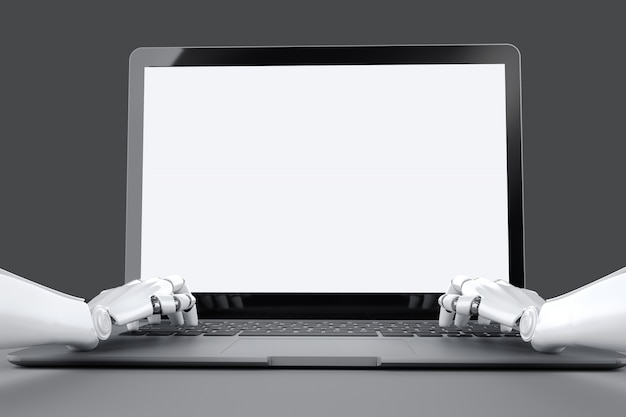 Mô hình máy tính xách tay có nền trắng và tay robot gõ trên bàn phím máy tính xách tay.