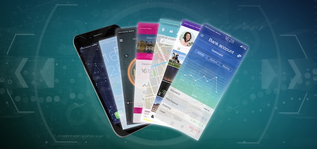 mobile application template on smartphone 3d rendering 