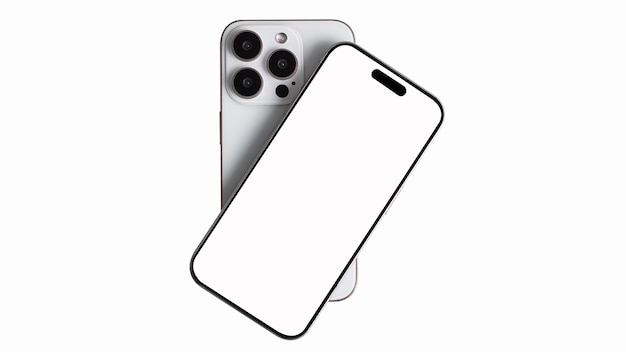 Mobile phones stacked showing front and back on white background