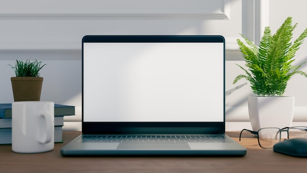 mockup of a laptop screen on a wooden desk in front of a white wall 3d rendering