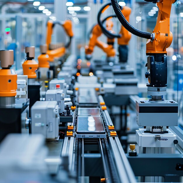 Modern Automated Factory with Robotic Arms on Assembly Line