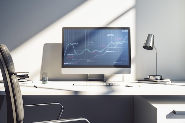 modern computer display with abstract graphic data spreadsheet sketch analytics and analysis concept 3d rendering